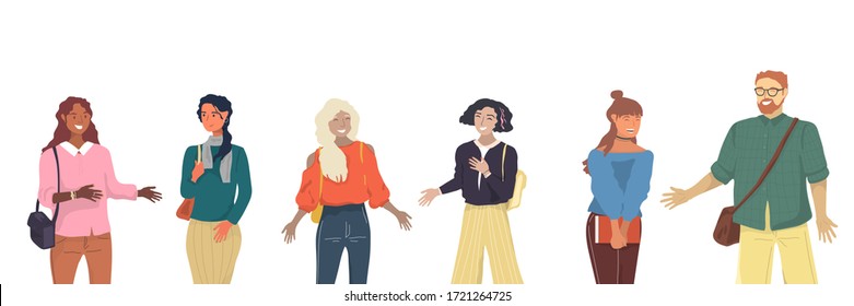 Group of young people or teenagers talking to each other and hanging out. Group of happy students. Diversity appearence. Vector illustration in flat cartoon style.