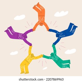 Group of young  people together holding hands. Synchronization, team risk, help each other and trust concept. Colorful vector illustration