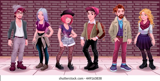 Group of young people with underground background. Fashion cartoon vector illustration.