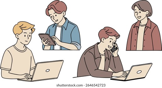 Group of young people using digital devices, working on laptops, talking on phone, and reading on tablet in casual settings – flat cartoon illustration