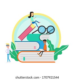 Grupo de Jóvenes usando gadget como laptop y smartphones para leer o estudiar en el gigante de la pila de libros diseño plano cartografía vectorial
