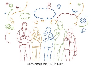 Group Of Young People Using Smart Phones Chatting In Social Media Messaging Over Doodle Abstract Background Vector Illustration
