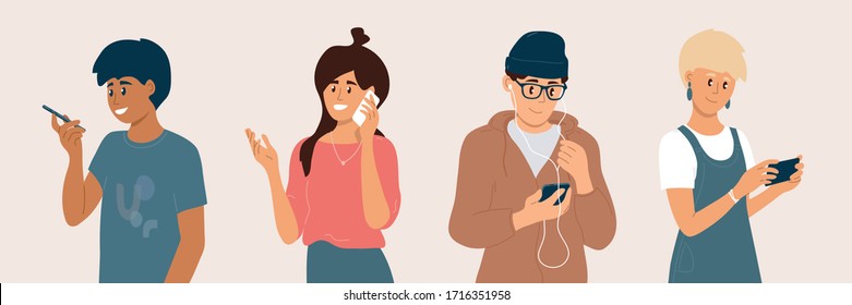 Group of young people using smartphones. Men and women chatting online, making video call, listening to music by earphones, talking, chek social media. Mobile internet technology vector illustration.