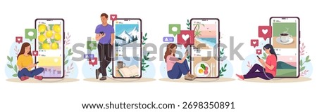 Group of young people using smartphones with large screens behind them, social media icons around, modern flat style, white background. Concept of digital addiction. Vector illustration