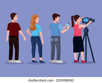group of young people using technology