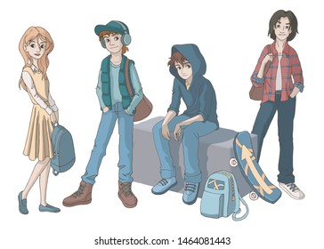 Group of young people. Vector illustration. Isolated objects on white background. Teenager's life.
