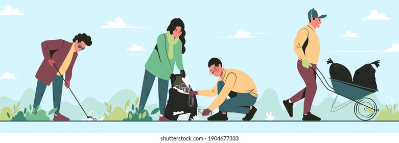 A Group Of Young People Volunteers Cleaning Garbage In Park. Altruistic Guys And Girl Care Environment Together. Vector Flat Illustration.
