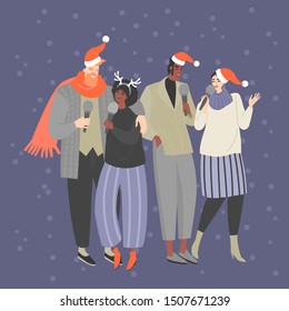 A group of young people in warm clothes and Santa Claus hats sing Christmas songs. Vector illustration in a flat style.