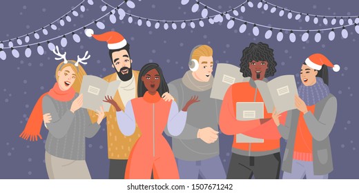 A group of young people in warm clothes and Santa Claus hats sing Christmas songs in the evening. Vector illustration in a flat style.