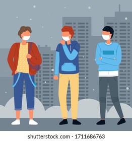 Group of young people wearing medical masks at background of night city. Concept of viral epidemic. Set of characters in protection masks during spreading virus. Vector illustration in flat style
