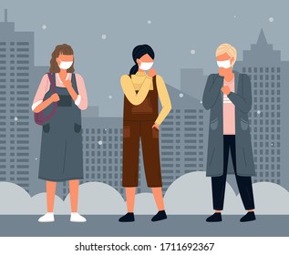 Group of young people wearing medical masks at background of night city. Concept of viral epidemic. Set of characters in protection masks during smog in city. Vector illustration in flat style