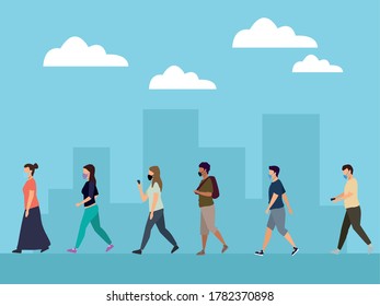 group of young people wearing medical masks on the city vector illustration design