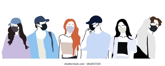 Group of young people wearing protective medical masks to protect themselves from the virus. Health, safety and pandemic concept. Flat style vector.