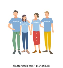 Group of young people wearing t-shirts with Volunteer word on it. Team of men and women volunteering for charity organization isolated on white background. Vector illustration in flat cartoon style