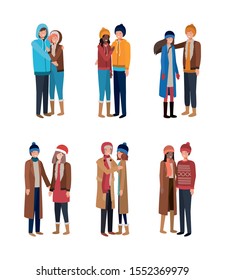 group of young people with winter clothes vector illustration design