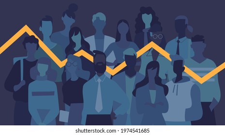 A group of young people, women and men, statistical curve, graph