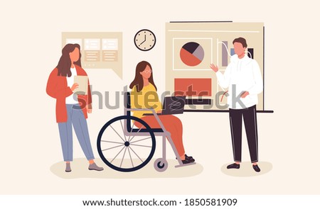 A group of young people is working in the office. Flat cartoon vector illustration