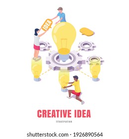 group of young people working on creative ideas for business, vector isometric illustration for banner