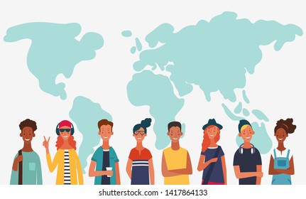 Group Of Young People With World Map. Communication, Teamwork And Connection Vector Concept 