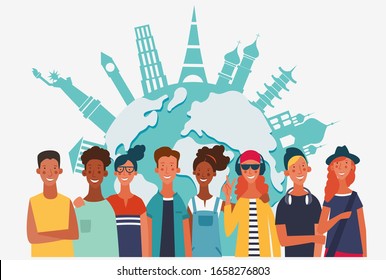 Group of young people with world map. Communication, teamwork and connection vector concept 