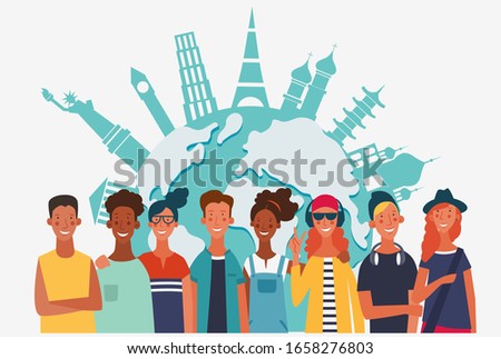 Group of young people with world map. Communication, teamwork and connection vector concept 