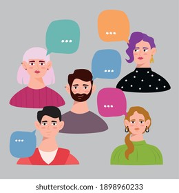 group of young persons avatars characters with speech bubbles vector illustration design