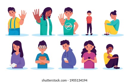 group of young persons victims of bullying characters vector illustration design