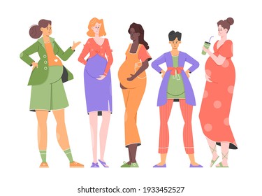 Group of young pretty different pregnant women. Mom-to-be, happy parenting. Trending colorful characters. Vector flat illustration.