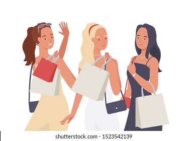 Group of young pretty woman with shopping bag enjoy shopping. Vector illustration in a flat style