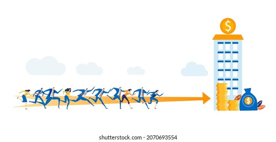 Gruppe von jungen, professionellen motivierten Menschen, die auf das Bankgebäude zusteuern. Verdienst, Karriere, professioneller Wettbewerb Geschäftskonzept Illustration 