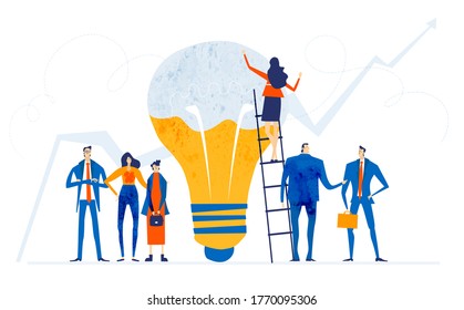 Group of young professional people, business people working around and with big light bulb as symbol of creativity, thinking put of box, support and solving the problems. 