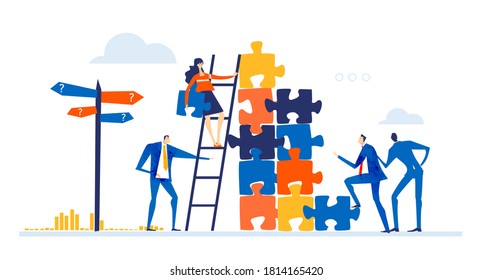 Group of young professional people working around puzzle. Taking responsibilities, making designs and support current deal concept illustration. 