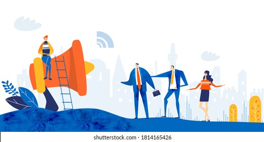 Group of young professional people working around megaphone. Taking responsibilities, making designs and support current deal concept illustration. 