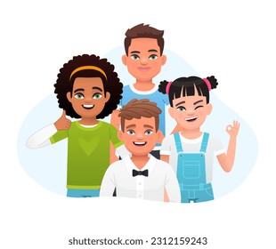 A group of young professionals, schoolchildren or a creative group. Teamwork. A team of successful happy children. Vector illustration in cartoon style.