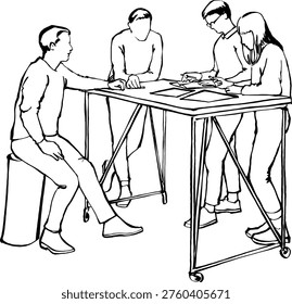 Group of young professionals working together and discussing documents at a modern standing desk, minimalist vector line art.