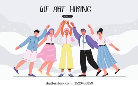 A group of young and promising job candidates trying to reach the join us button. We are hiring or job recruitment banner, poster, flyer or landing page concept in a trendy style.