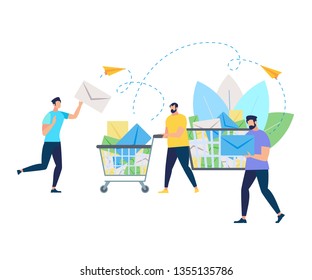 Group of Young Running Men Pushing Supermarket Trolley Full of Envelopes on White Background with Leaves. Shopping Cart with Correspondence, Flying Paper Airplanes Cartoon Flat Vector Illustration