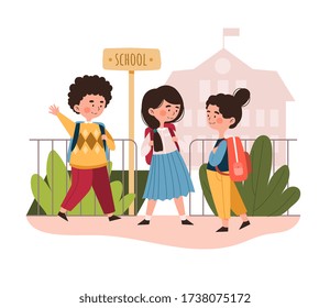 Group of young school children meeting under a School sign in front of the building wearing their backpacks, colored vector illustration