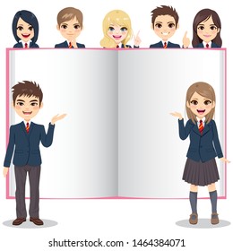 Group of young school students presenting huge white blank open book