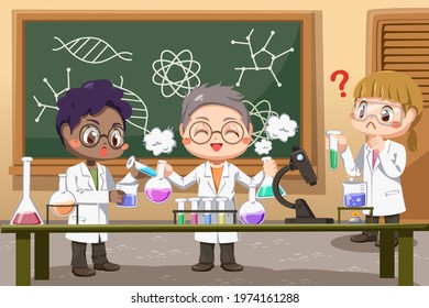 Group of young science laboratory staff characters in cartoon charactor working in lab performing various experiments, isolated flat style Vector illustration