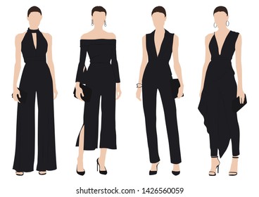 A group of young smart woman in fashion various outfit. Beautiful and charming lady in standing pose on white background vector. Faceless people vector style.