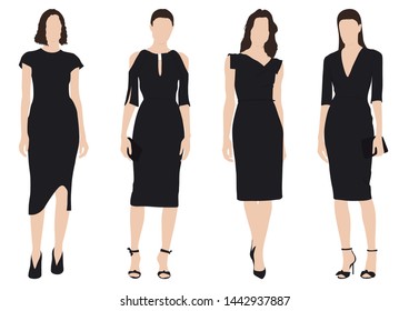 A group of young smart woman in formal little black dress. A fashion style working outfit. Beautiful and charming lady in standing pose on white background vector. Faceless people vector style.