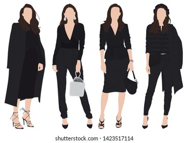 Group of young smart woman in various outfit. Beautiful and charming lady in standing pose on white background vector. Faceless people vector.