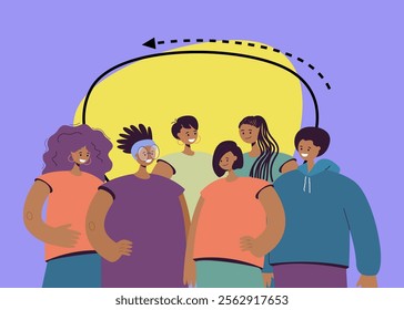 Group of young smiling African  American people vector illustration. Men and women with different haircuts wearing casual clothes. Friendship, tolerance concept for banner, landing page, website