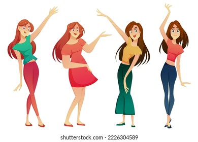 Group of young smiling females dancing with happy in cartoon character, vector illustration on white background 