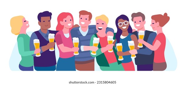 Group of young smiling friends. People standing with beers in their glasses. Holiday celebrating in pub. Happy men and women hugs. Persons drinking alcohol beverage in