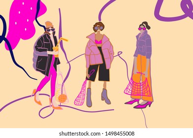 Group of young smiling girls dressed in trendy clothes with eco bag. Bright colored female figures drawn in modern flat cartoon style.