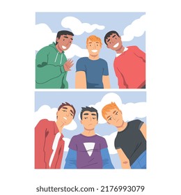 Group of Young Smiling Man Looking at Camera from Above Making Selfie Vector Set
