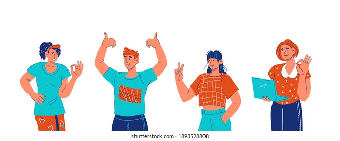 Group of young smiling people gesturing OK, Victory and thumb up gestures, cartoon vector illustration isolated on white background. Men and women  raising up hands in sign of approval.