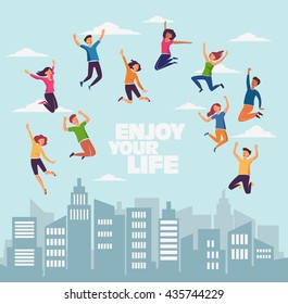 Group of young, smiling people jumping over city background with copy space. Stylish modern vector illustration with happy young men and women. Party, sport, dance and friendship team concept